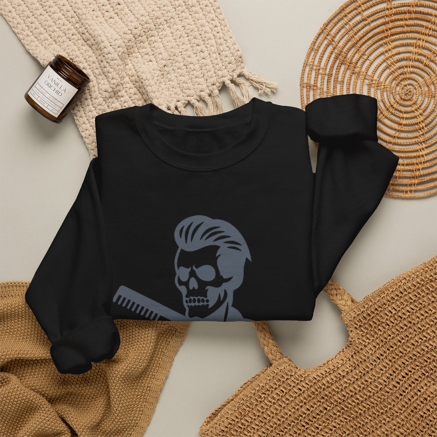 Crewneck Sweatshirt — “Fresh to Death” Barber Skull Graphic