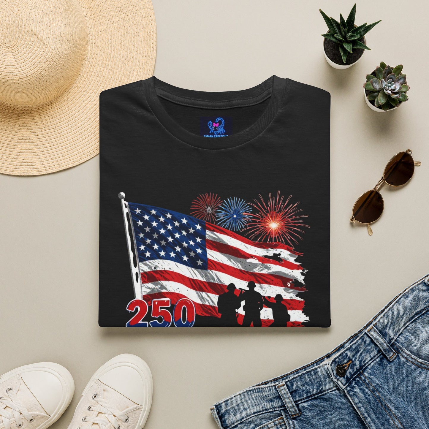 250 Years and Still American T-Shirt — Patriotic Flag Fireworks Tee