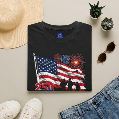 250 Years and Still American T-Shirt — Patriotic Flag Fireworks Tee