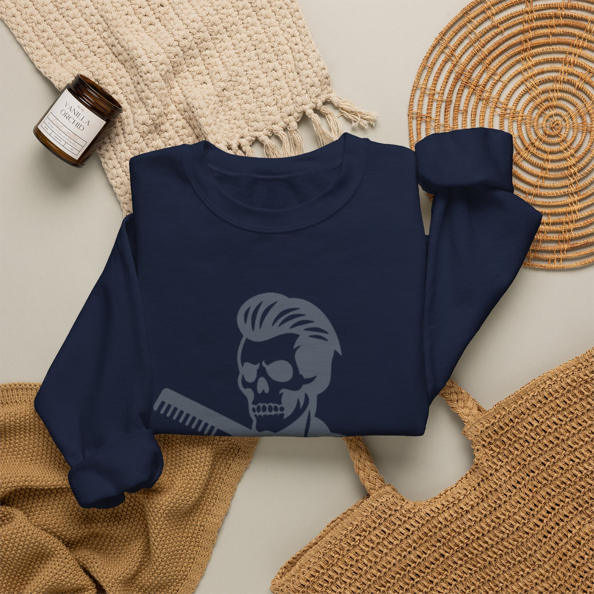 Crewneck Sweatshirt — “Fresh to Death” Barber Skull Graphic