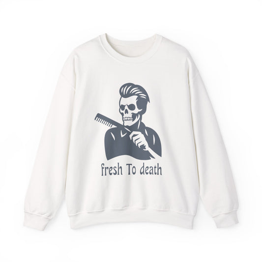 Crewneck Sweatshirt — “Fresh to Death” Barber Skull Graphic