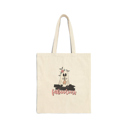 Tote Bag — 'Fabulous' Floral Ghost Canvas Tote, Cute Halloween Reusable Shopper