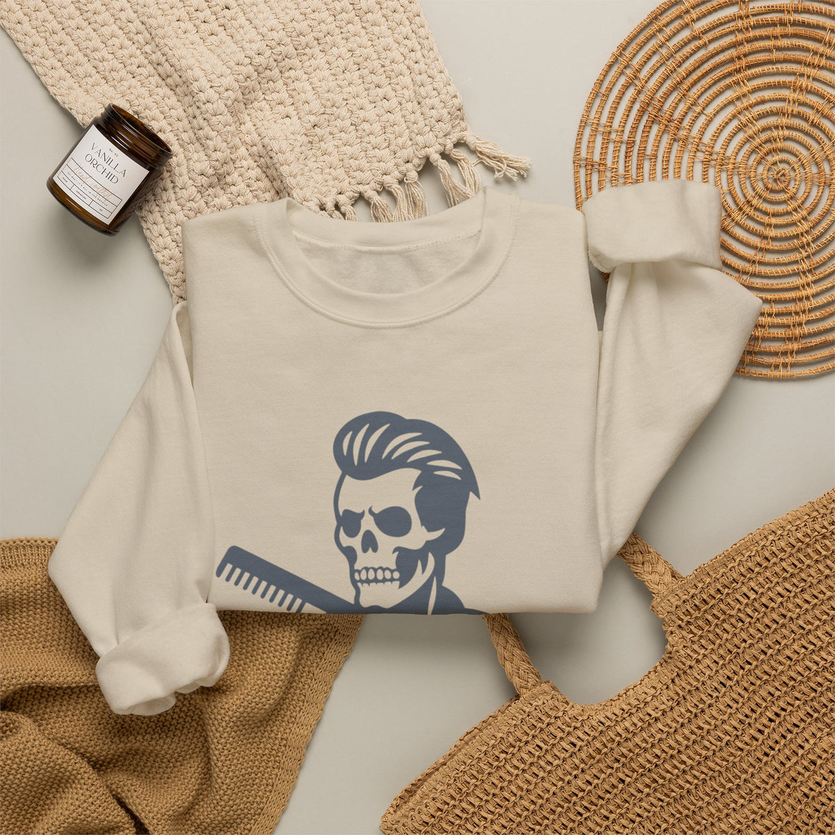 Crewneck Sweatshirt — “Fresh to Death” Barber Skull Graphic