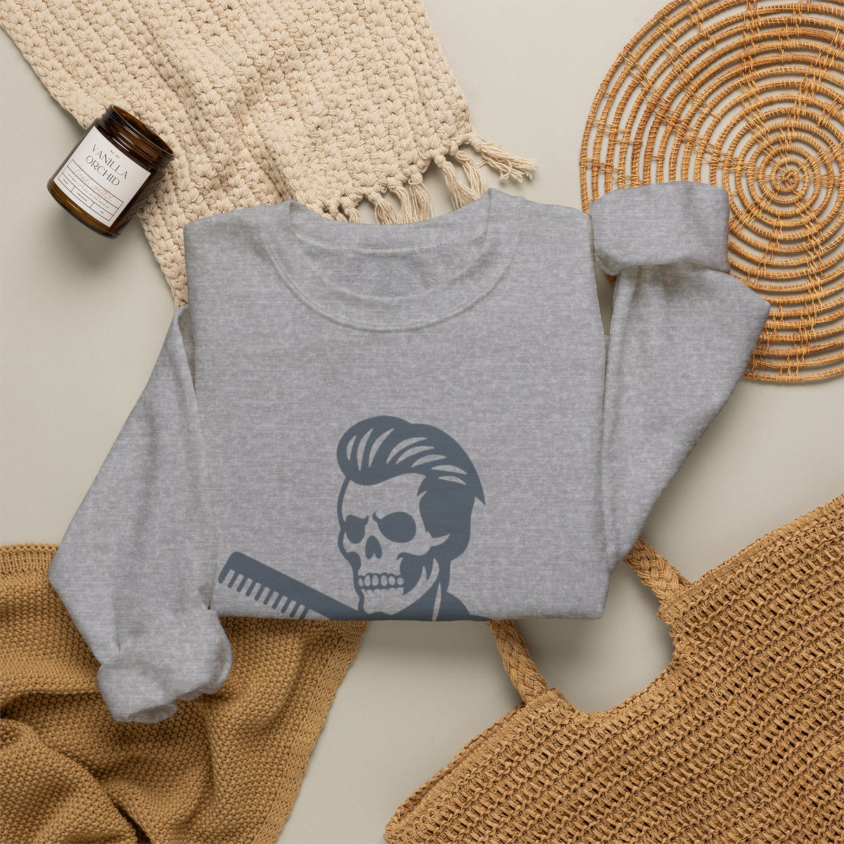 Crewneck Sweatshirt — “Fresh to Death” Barber Skull Graphic